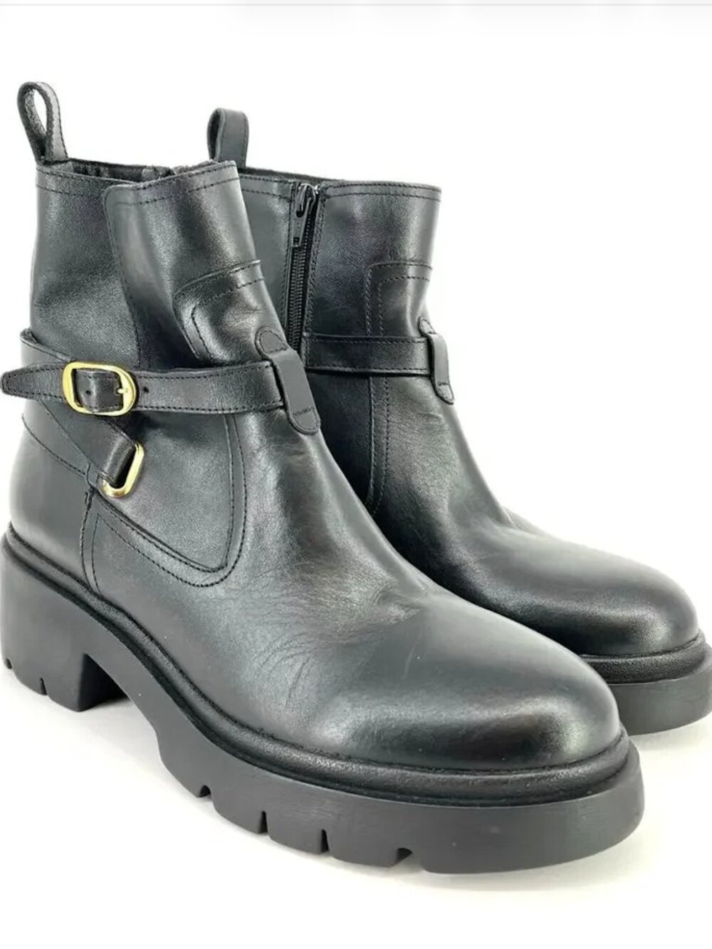 Steve Madden Colletta Leather Buckle Lug Sole Boots Womens Size 6.5 Black Chunky